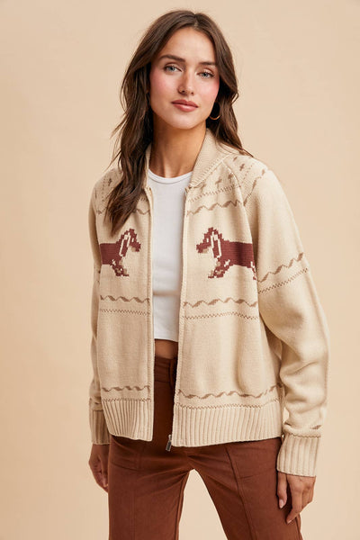 DACHSHUND ZIP UP CARDIGAN: OATMEAL CREME / L - Lulu Bella Boutique