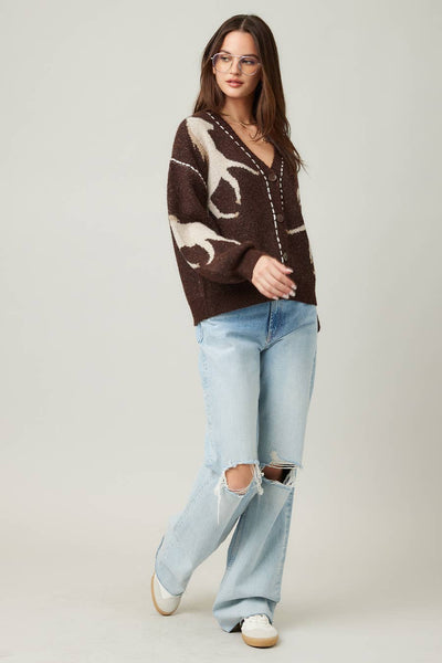 Fall Top Rated Knit Horse Cozy Cardigan: Brown / S/M - Lulu Bella Boutique