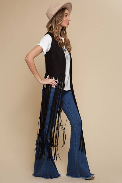 Black Long Fringe Faux Suede Vest - Lulu Bella Boutique