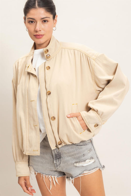 High Collar Denim Bomber Jacket