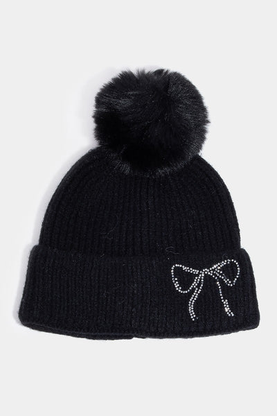 Rhinestone Bow Beanie - Lulu Bella Boutique