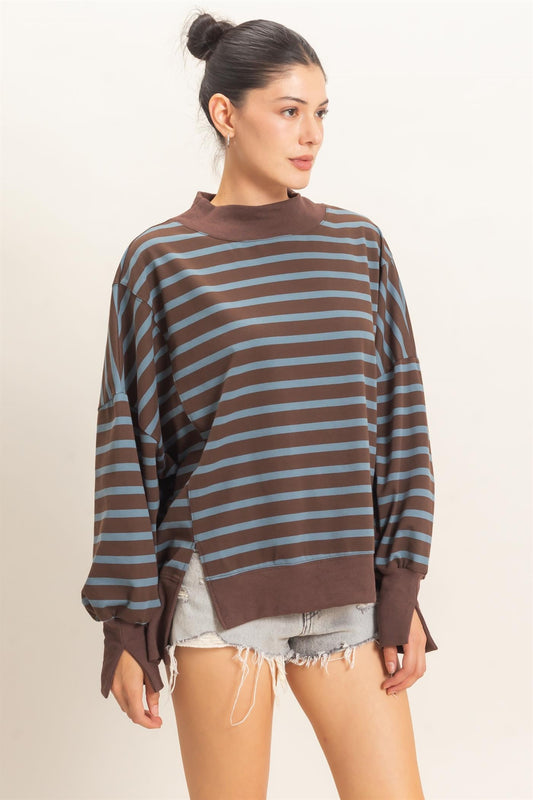 Striped Mock Neck Sweatshirt in Brown/Blue