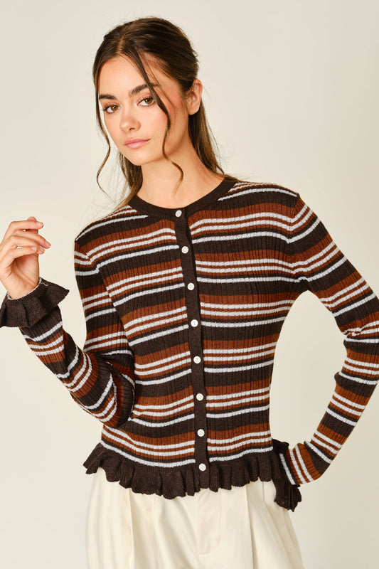 Wool Mix Striped Scarf Polo Cardigan - Lulu Bella Boutique