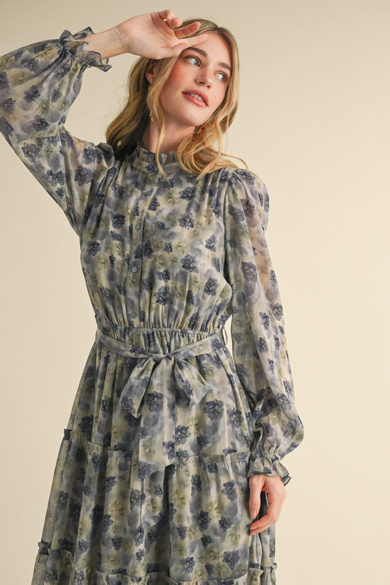 Floral Button Down Midi Dress Midnight Blue Floral / L