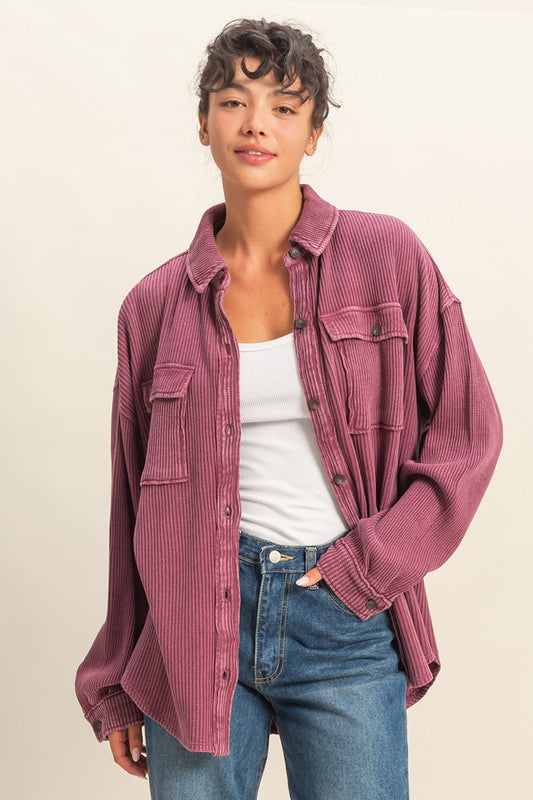 Oversized Mineral Washed Waffle Button Up Shacket - Lulu Bella Boutique