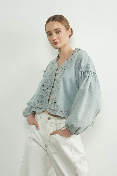 Denim Embroidery Volume Sleeve Top - Lulu Bella Boutique