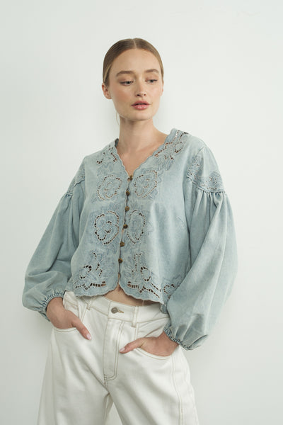 Denim Embroidery Volume Sleeve Top - Lulu Bella Boutique