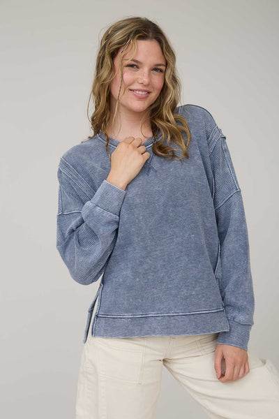 Washed Exposed Seam Side Slit Long Sleeve Knit Top - Lulu Bella Boutique