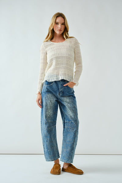 Embroidered Detail Cotton Barrel Pants - Lulu Bella Boutique