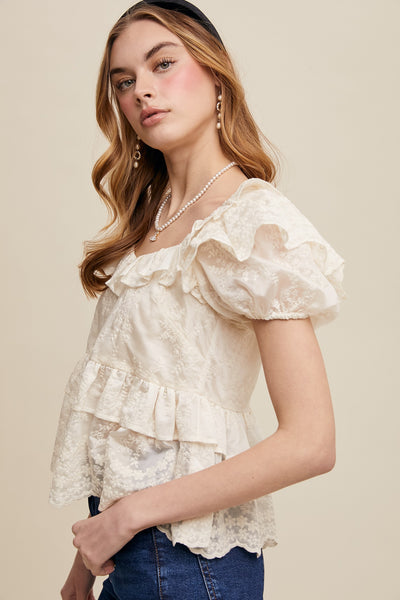 Embroidered Ruffled Peplum Blouse - Lulu Bella Boutique