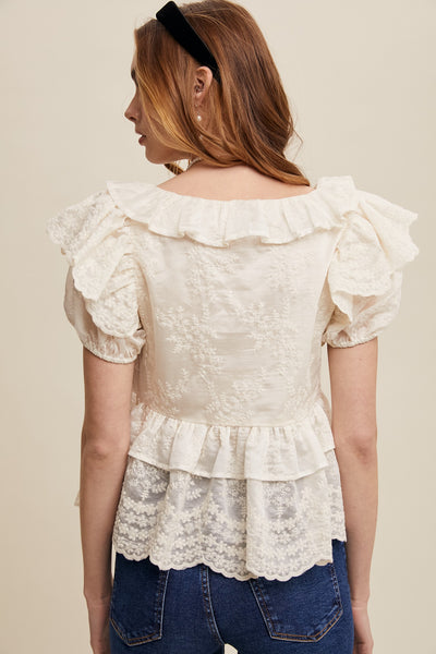 Embroidered Ruffled Peplum Blouse - Lulu Bella Boutique