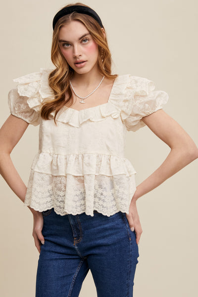 Embroidered Ruffled Peplum Blouse - Lulu Bella Boutique