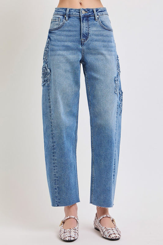 Slouchy Crop Barrel Flower Patch Detail Jeans