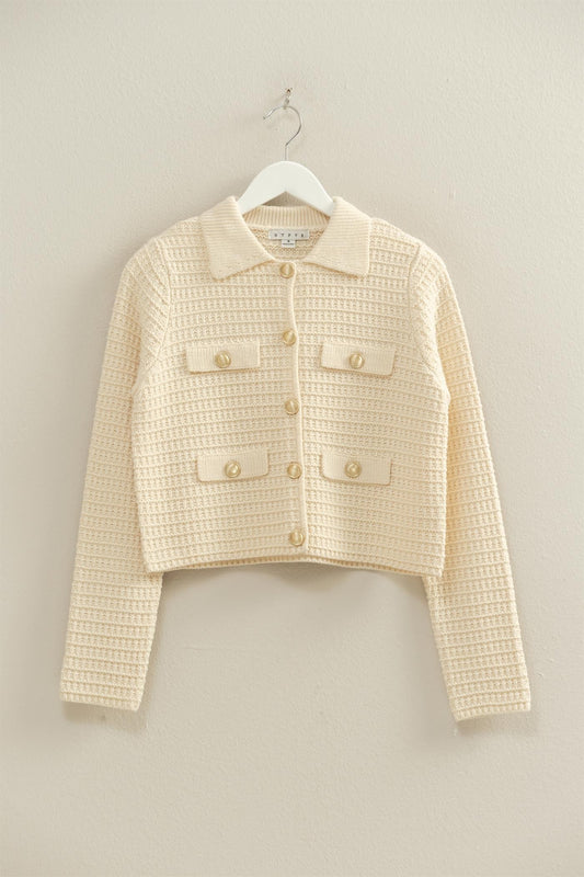 Textured Knit Sweater Jacket With Gold Buttons - Lulu Bella Boutique