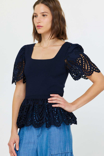 Embroidered Woven Combo Sweater Top - Lulu Bella Boutique