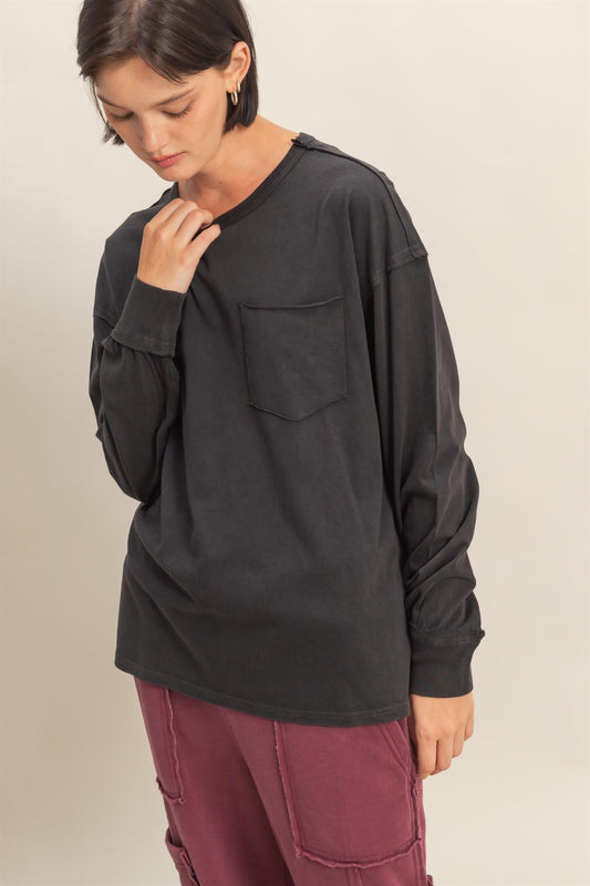 Oversized Washed Long Sleeve Pocket Tee - Lulu Bella Boutique