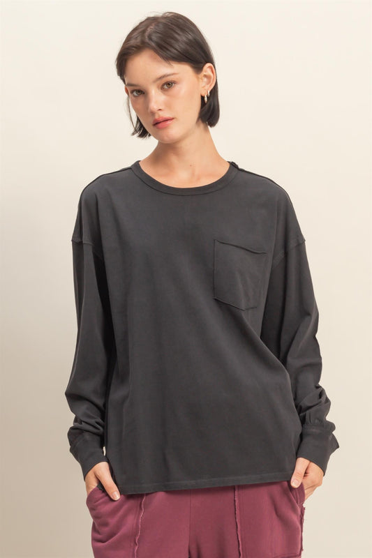 Oversized Washed Long Sleeve Pocket Tee - Lulu Bella Boutique