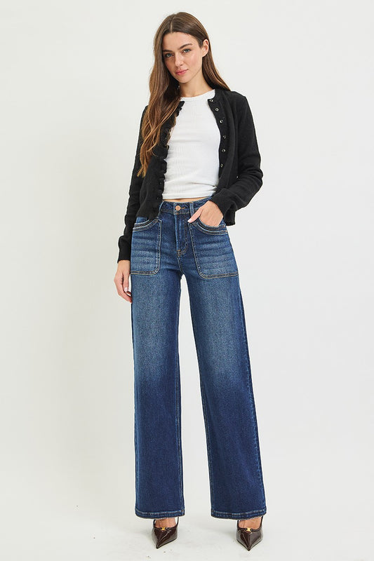High Rise Wide Leg Jeans With Front Patch Pocket