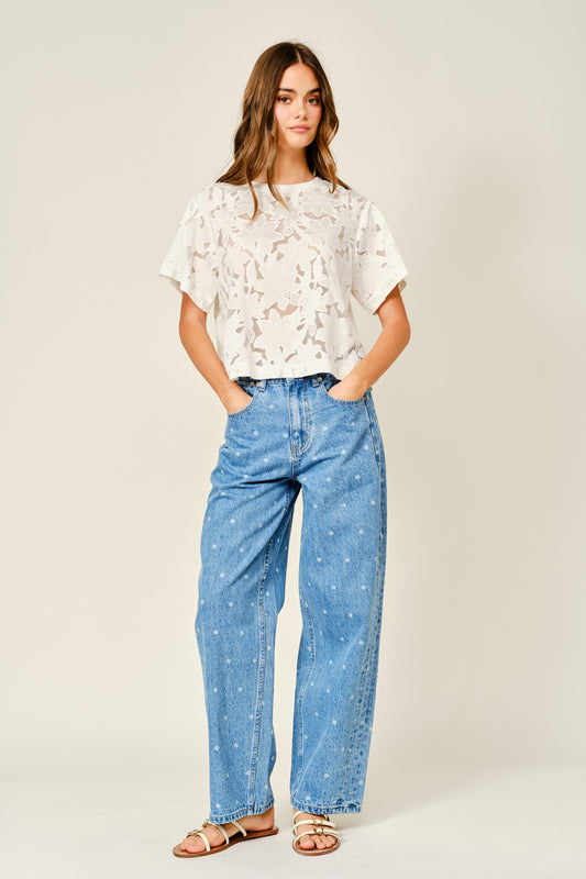 Polka Dot Straight Denim Pants