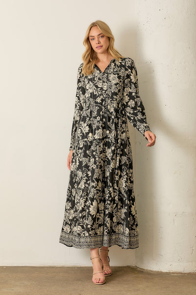 Floral V-Neck Maxi Dress with Tassels - Lulu Bella Boutique