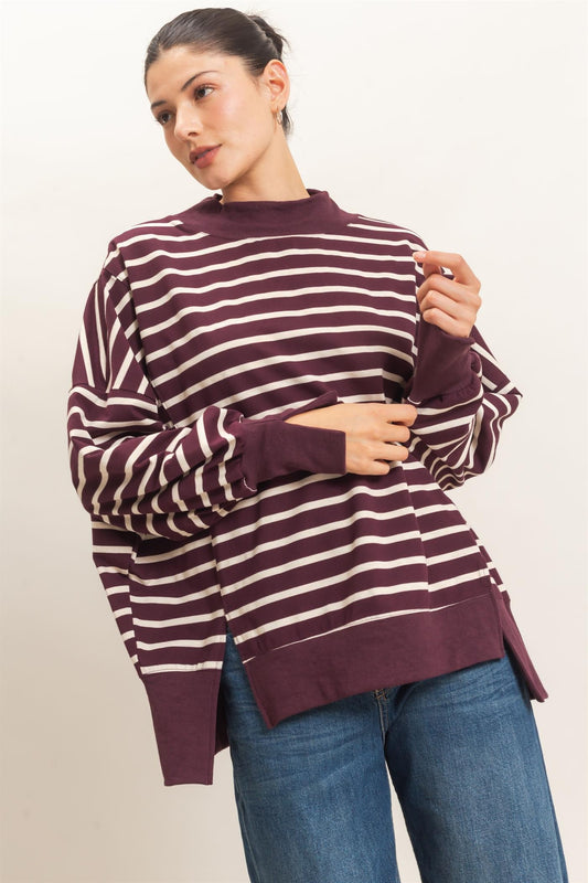 Striped Mock Neck Sweatshirt in Raspberry