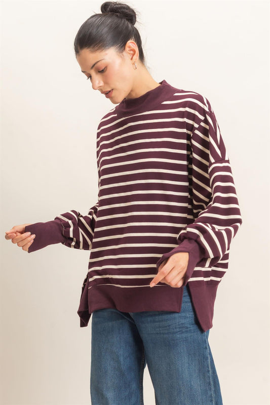 Striped Mock Neck Sweatshirt in Raspberry