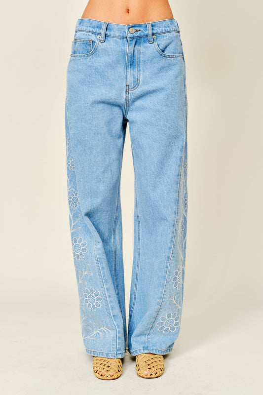 Side Embroidered Wide Denim Pants