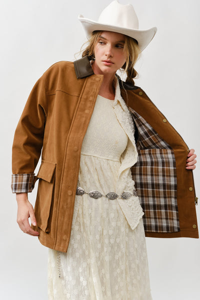 Suede Casual Jacket With Leather Collar - Lulu Bella Boutique