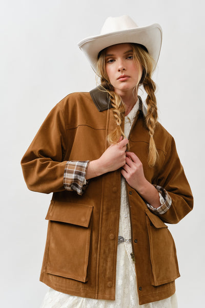 Suede Casual Jacket With Leather Collar - Lulu Bella Boutique