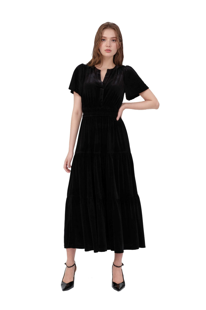 midi engagement dresses for photoshoot Velvet Tiered Empire Waist Midi Dress Black / L