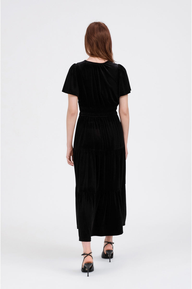 Velvet Tiered Empire Waist Midi Dress Black / L Velvet Tiered Empire Waist Midi Dress Black / L