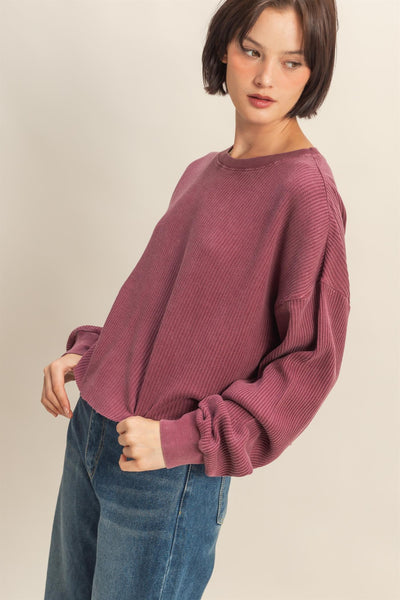 Mineral Washed Waffle Long Sleeve Top - Lulu Bella Boutique
