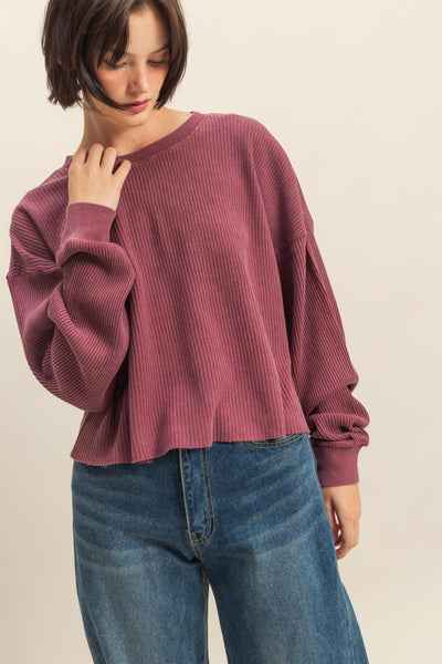 Mineral Washed Waffle Long Sleeve Top - Lulu Bella Boutique