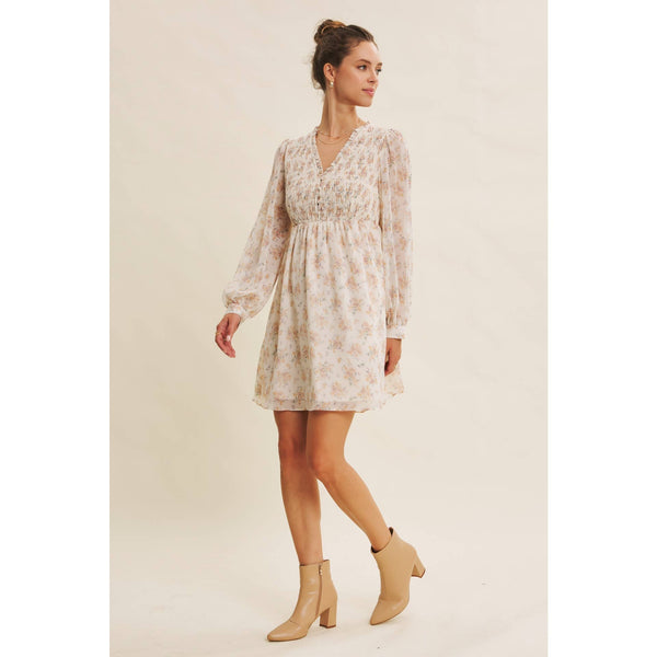 BRDIGES SEASONS WITH GRACE FLORAL SMOCKED BABYDOLL DRESS: CHAMPAGNE / S - Lulu Bella Boutique