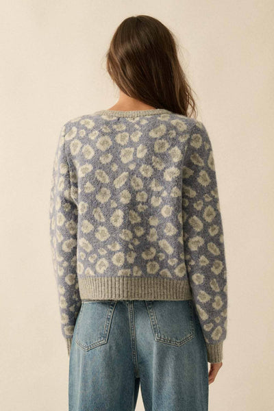 Leopard-Print Button-Front Cardigan: Retro Blue / S - Lulu Bella Boutique