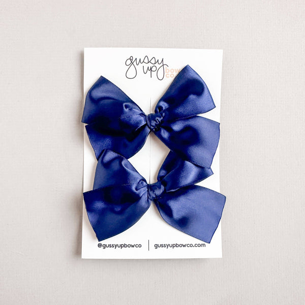 Navy Blue Satin Pigtail Set | Back to School 24 Collection - Lulu Bella Boutique