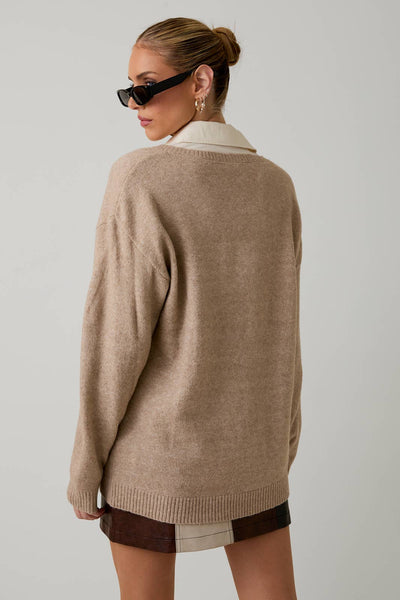 LONG SLEEVE SHIRT COLLAR LAYERED PULL OVER SWEATER TOP: OATMEAL / S - Lulu Bella Boutique