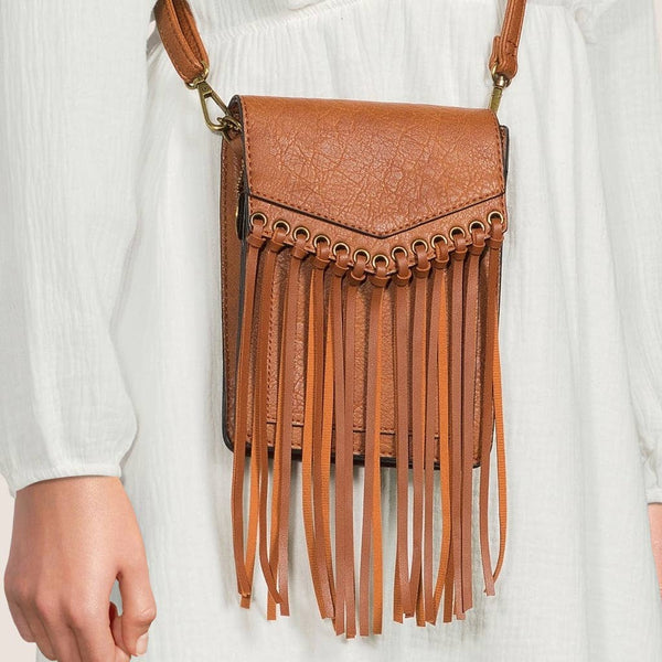 Scarlet Fringe Phonecase Crossbody in Cognac - Lulu Bella Boutique