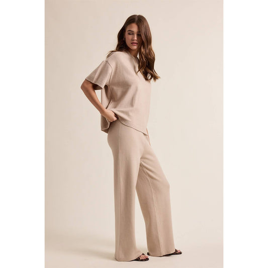 SWEATER KNIT TOP AND PANTS SET: OATMEAL
