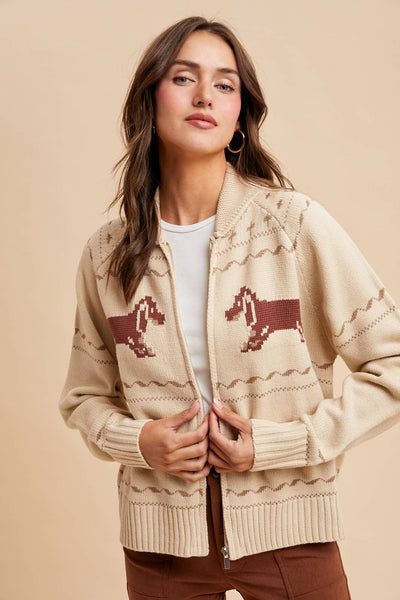 DACHSHUND ZIP UP CARDIGAN: OATMEAL CREME / L - Lulu Bella Boutique