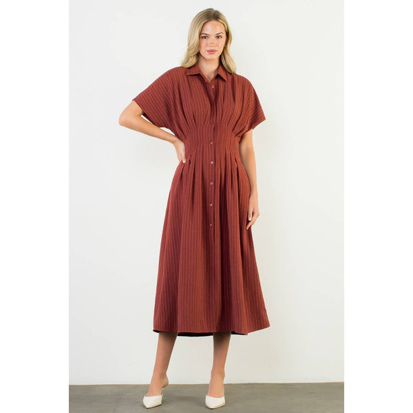 Collared Short Sleeve Button Front Maxi Dress: BURGUNDY / XS-S-M-L(1-2-2-1) - Lulu Bella Boutique