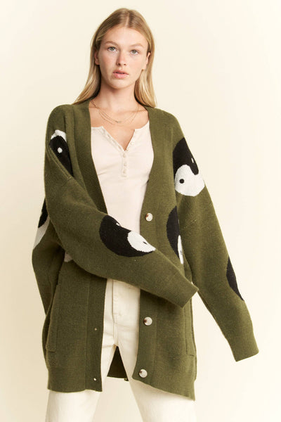 OVER SIZED YIN YANG CARDIGAN: OLIVE / S/M - Lulu Bella Boutique