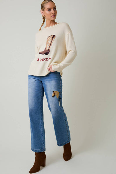 ROUND NECK LONG SLEEVE "RODEO" GRAPHIC SWEATER: CREAM / S - Lulu Bella Boutique