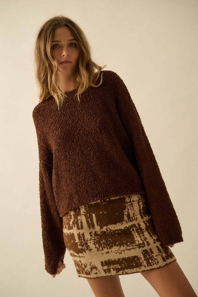 Popcorn-Knit Wide-Sleeve Boatneck Sweater: Chocolate / S - Lulu Bella Boutique