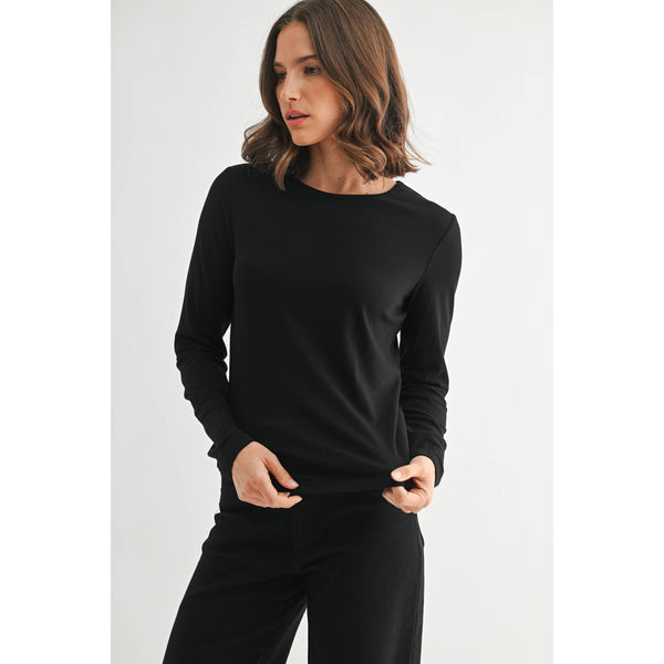 ROUND NECK LONG SLEEVE KNIT TOP: Black / S-M-L(2-2-2) - Lulu Bella Boutique