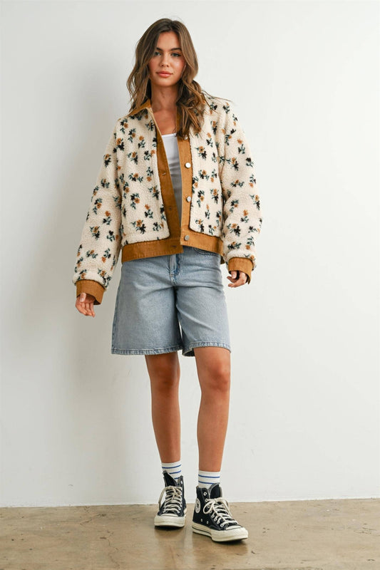 Floral Sherpa Fleece Snap Jacket with Twill Trim: CREAM / CAMEL