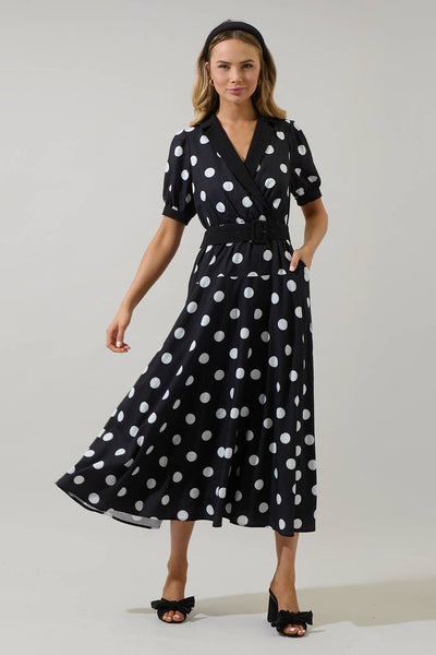 Darrah Polka Dot Fayen Wrap Maxi Dress: BLACK-WHITE - Lulu Bella Boutique