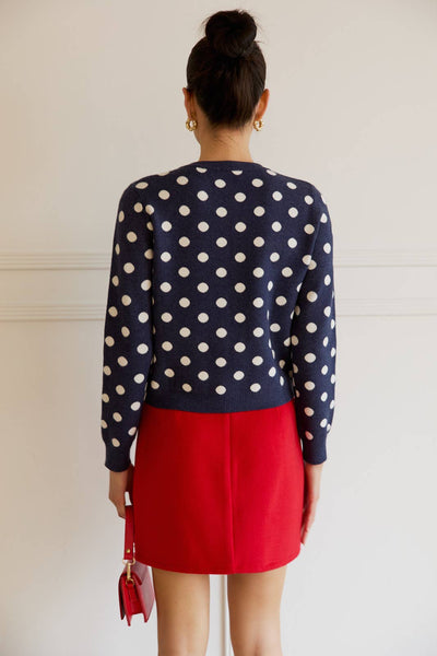 ROUND NECK BUTTON UP POLKA DOT SWEATER CARDIGAN: NAVY-CREAM DOT / S - Lulu Bella Boutique