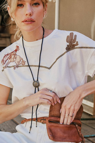 23376T -  Embroidered Shoulder Western Yoke T-Shirt: OFF WHITE / S - Lulu Bella Boutique