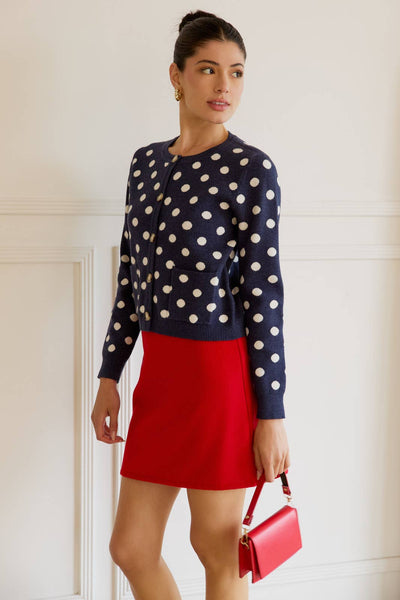 ROUND NECK BUTTON UP POLKA DOT SWEATER CARDIGAN: NAVY-CREAM DOT / S - Lulu Bella Boutique
